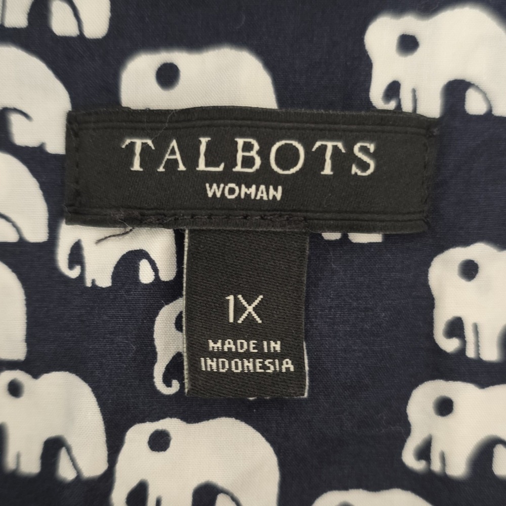 Talbots Button Down Shirt Women 1X Navy White Elephant Print Cotton Long Sleeve - Picture 7 of 8